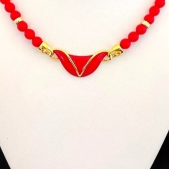 Napier Necklace Red Enamel  Gold Beaded Classic 19" Signed Vintage - Picture 1 of 10